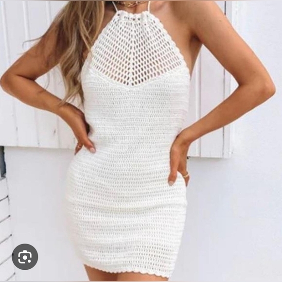 NWOT! VICI Baru Crochet Halter Mini Dress Cream Color Junior's L or Women's M - Picture 4 of 12